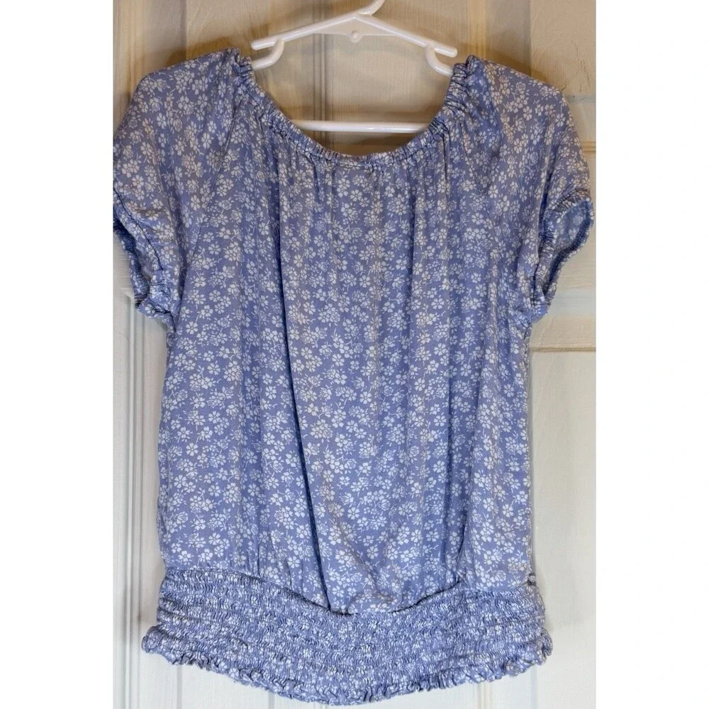 OshKosh B’gosh Girls Blue Floral Smocked Hem Peasant Top Size 8